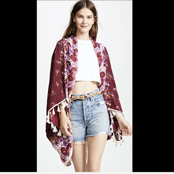 Free People wine Oversized Floral Tassel Kimono - Picture 3 of 7